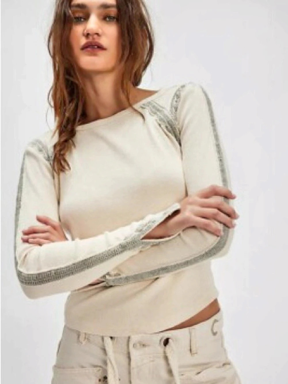 Free People Long Sleeve Cream Top, XS